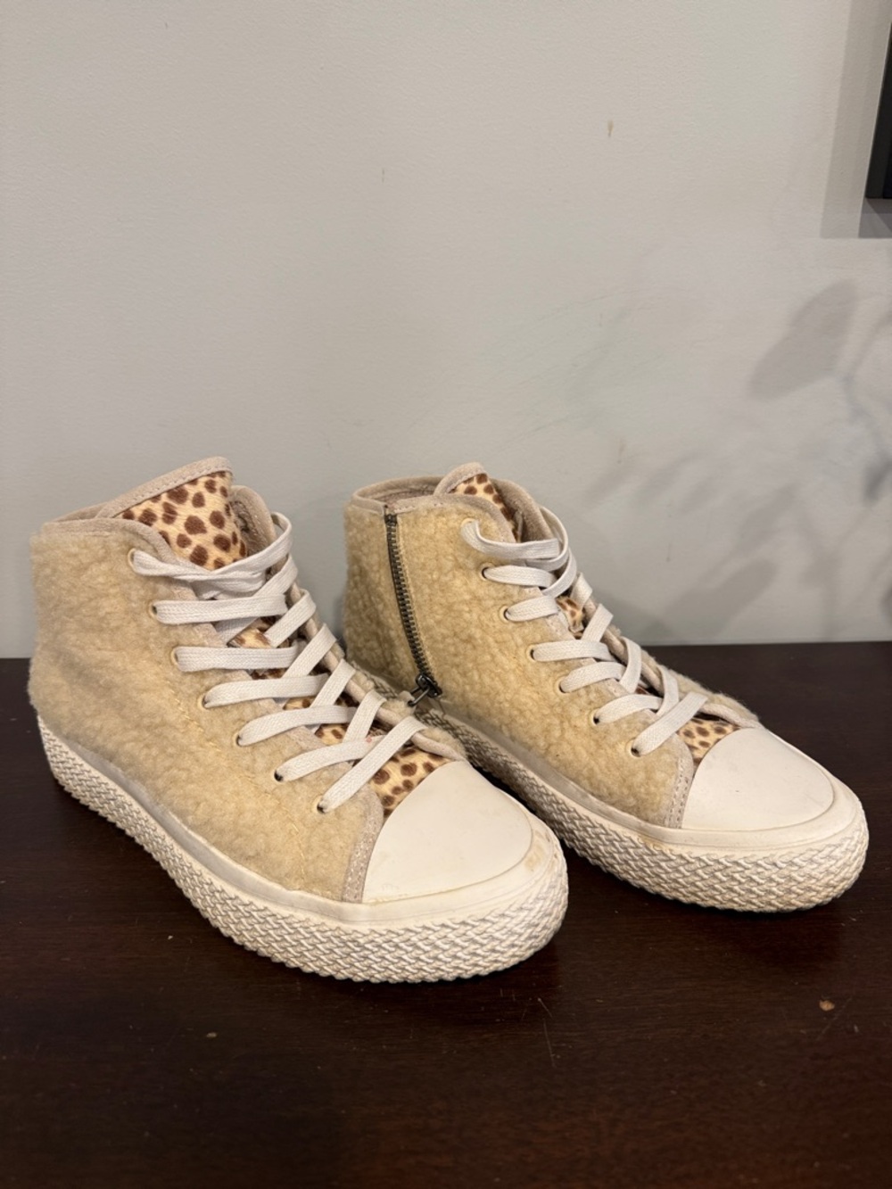 Dolce Vita Beige Shearling High-Top Sneakers with Leopard Tongue